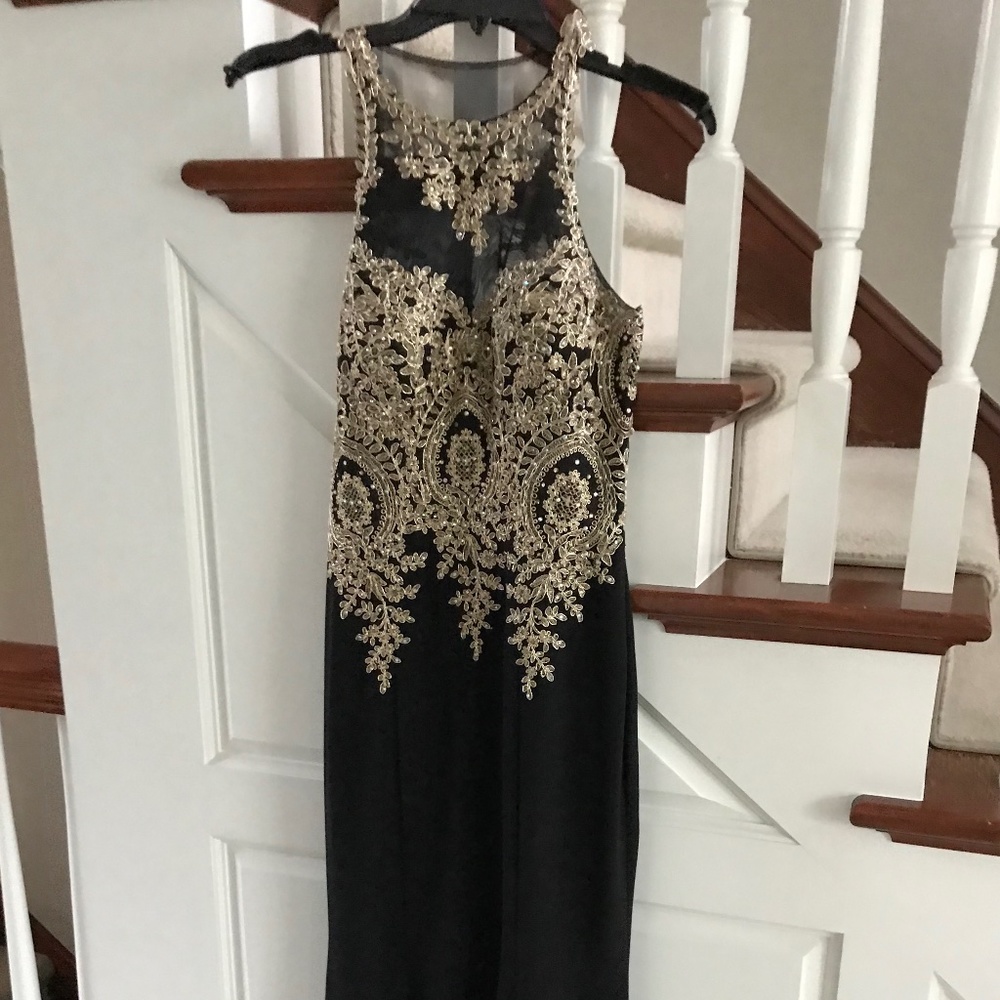 Black Evening Dress with Gold Lace Appliqué